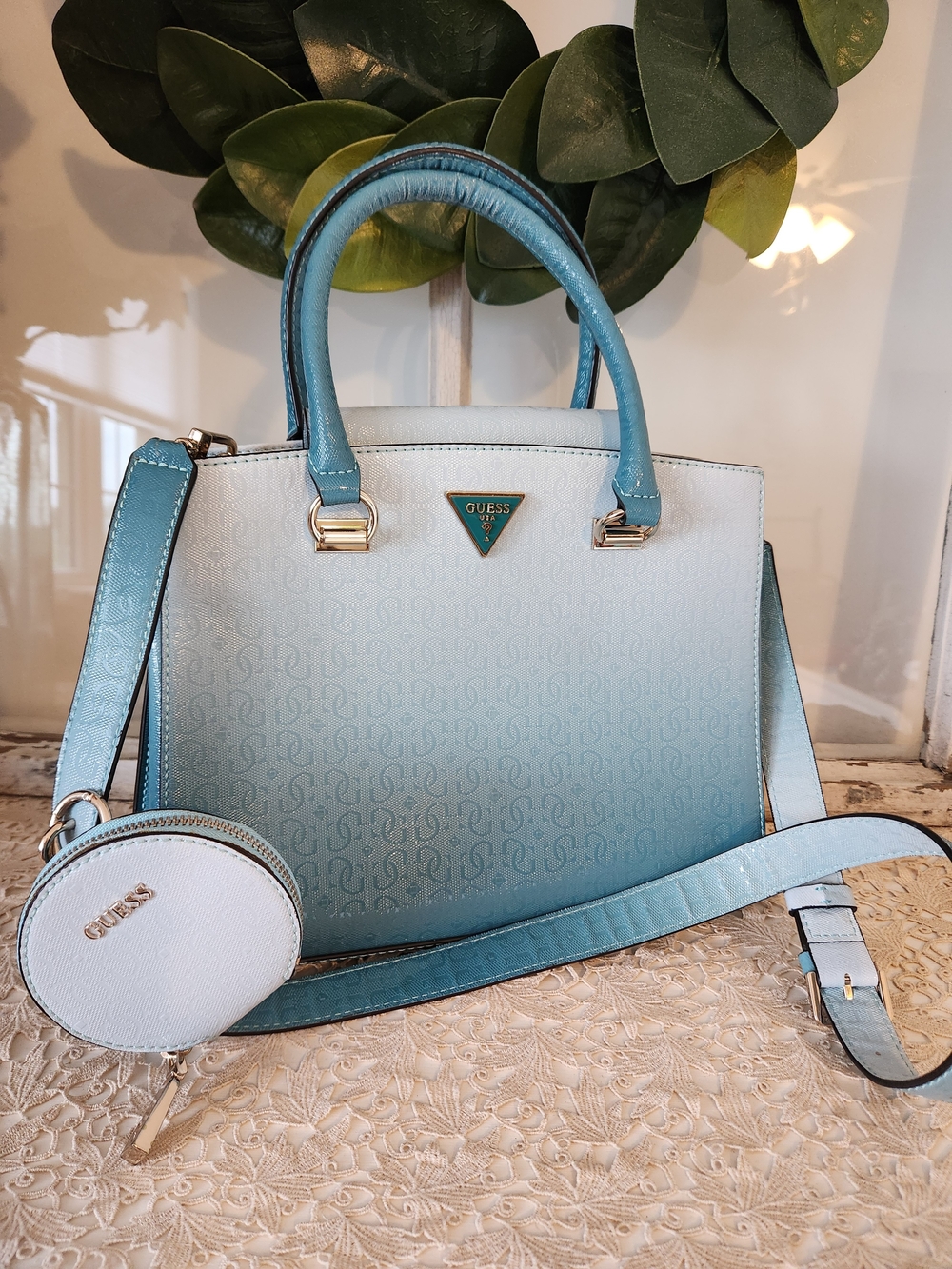 GUESS Blue Ombre Satchel with Removable Crossbody Strap And Matching Changebag